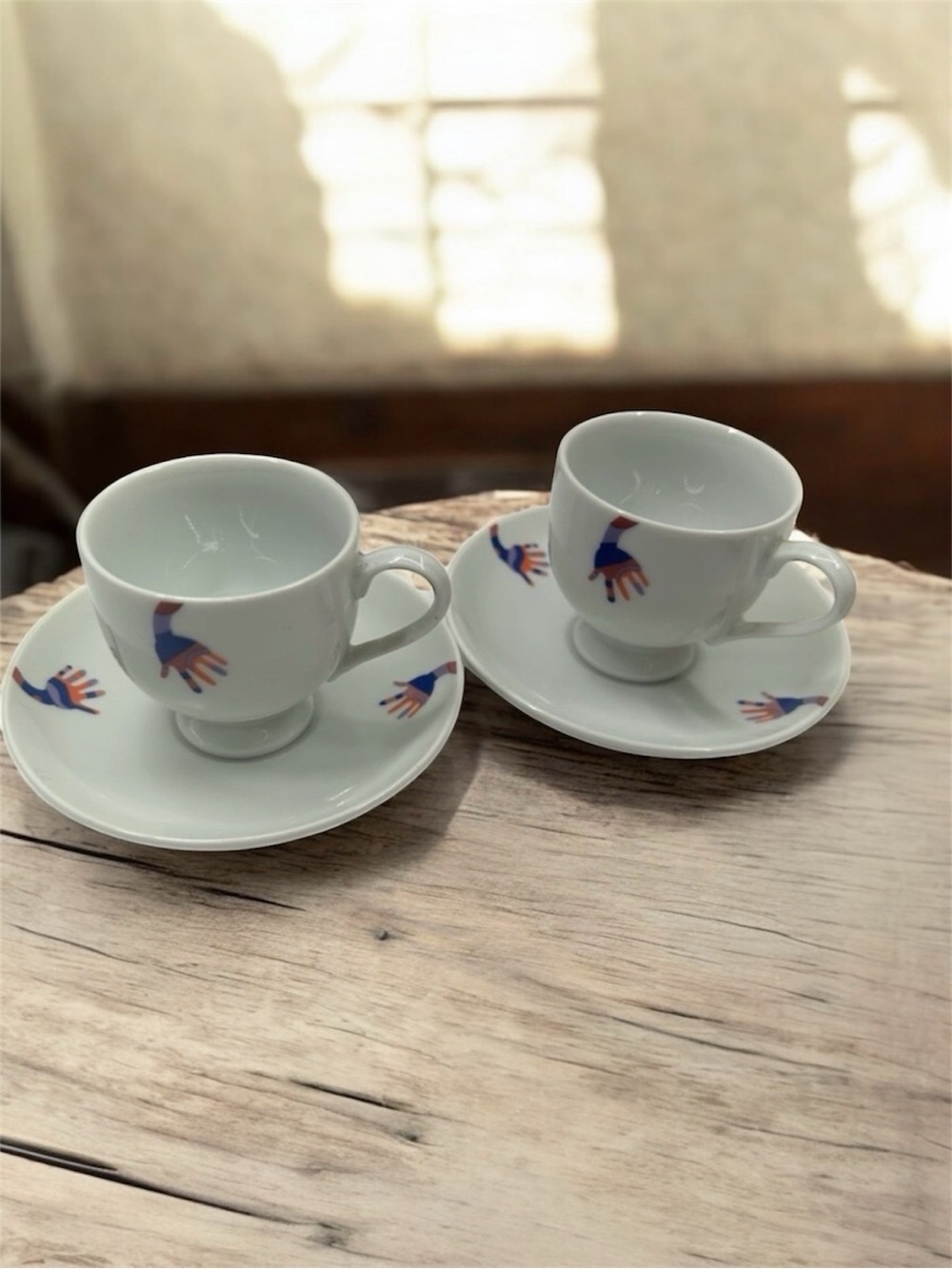 Mikasa 2 sets of expresso cups & saucer colorful hands porcelain halloween 4pcs